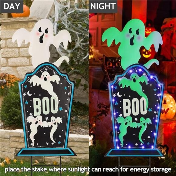 Halloween Yard Stake, 26.4" Solar Lighted Metal Tombstone with Glow in the dark - Picture 5 of 8